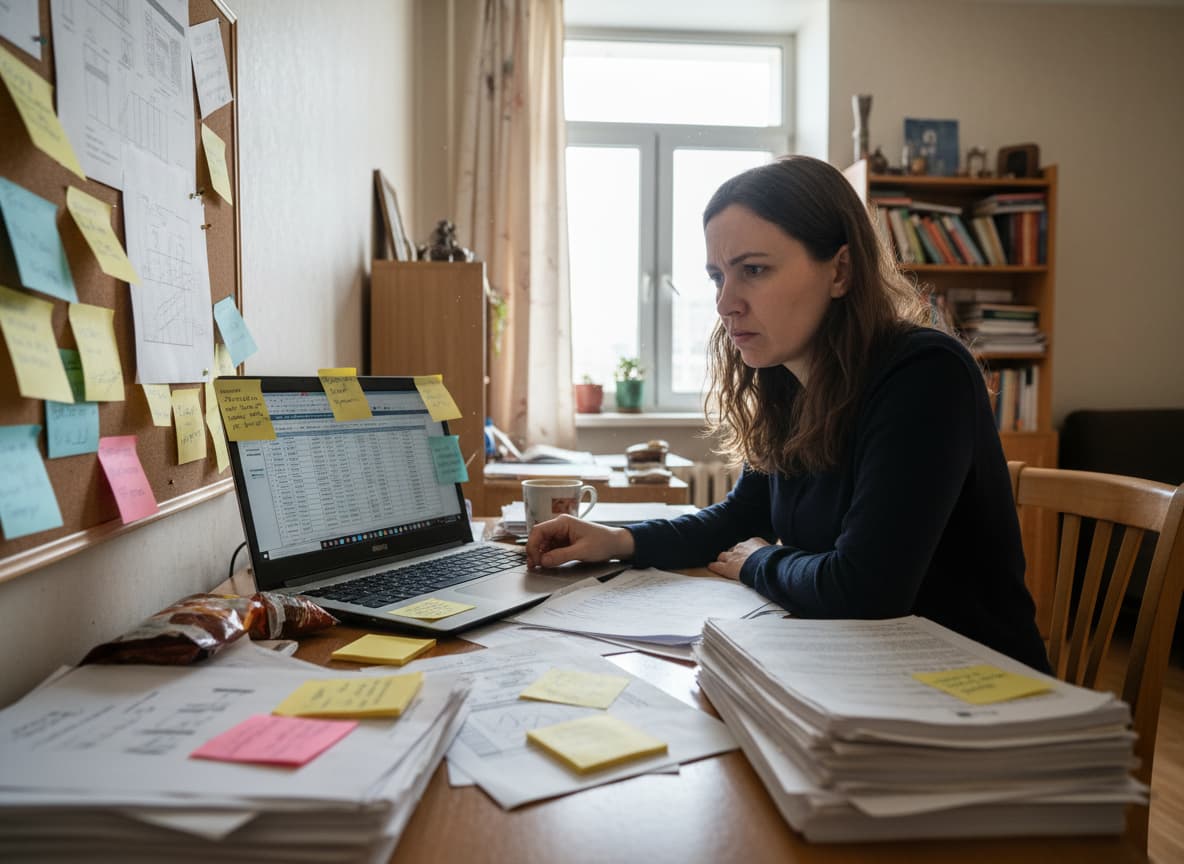 Предприниматель за ноутбуком с таблицами и стопкой документов, не может найти ошибку в расчётах