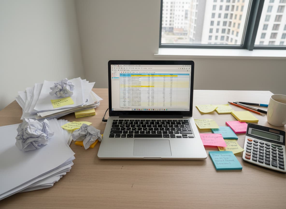 Стол с ноутбуком, на экране таблица Excel с данными о продажах, рядом стикеры и распечатки